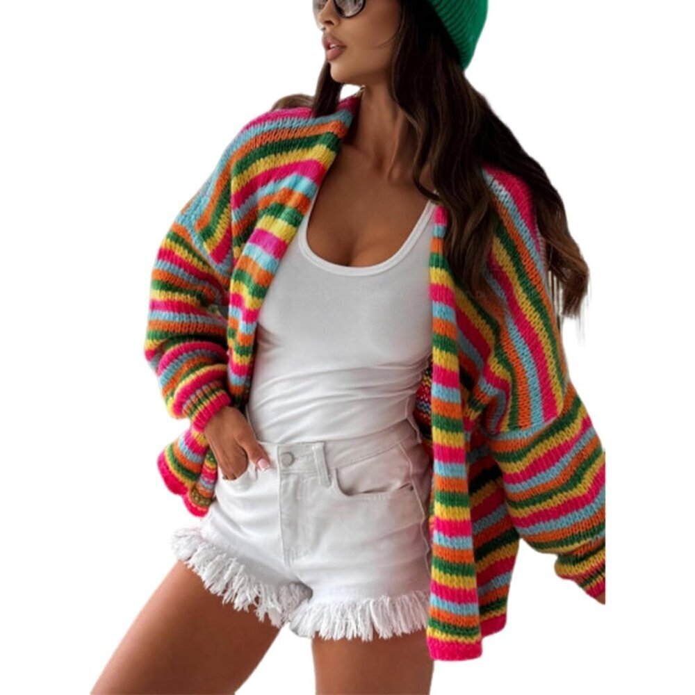 Women's Rainbow Striped Knit Cardigan Open Front Lightweight Casual Layering